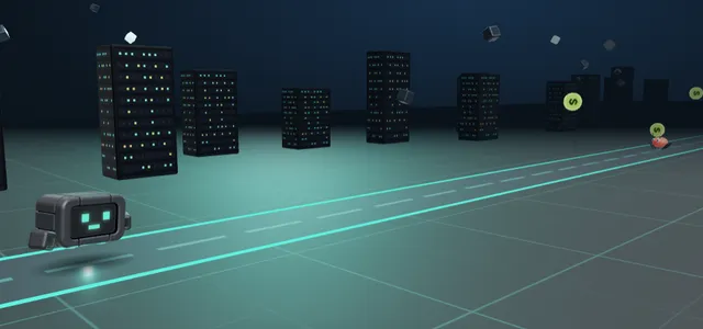 The Earn2Exist robot hovering along a neon track past server racks, a bug and coins